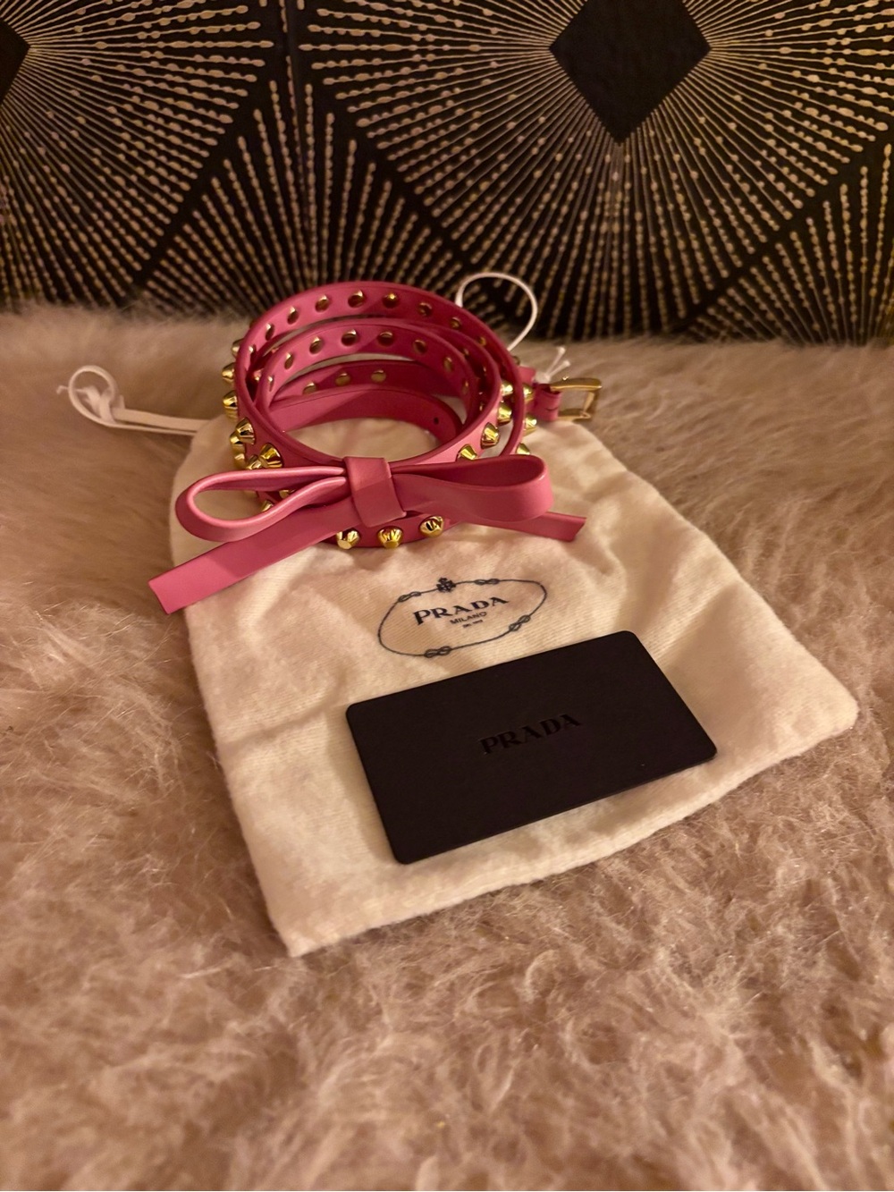Prada Pink Leather Bow Belt with Gold Studs